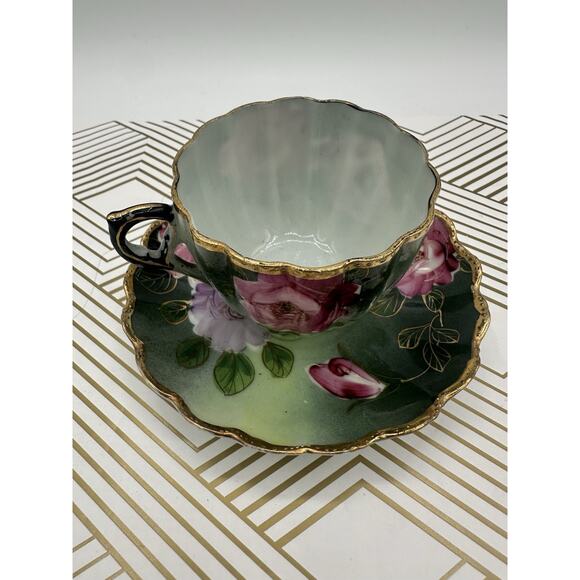 Emerald Green And Pink Roses Saucer And Teacup Set Heritage Rose - Picture 2 of 6